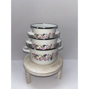 Vintage 1980s Floral Enamel Saucepan Set – 3 Matching Pans NO Lids– Cottage Core